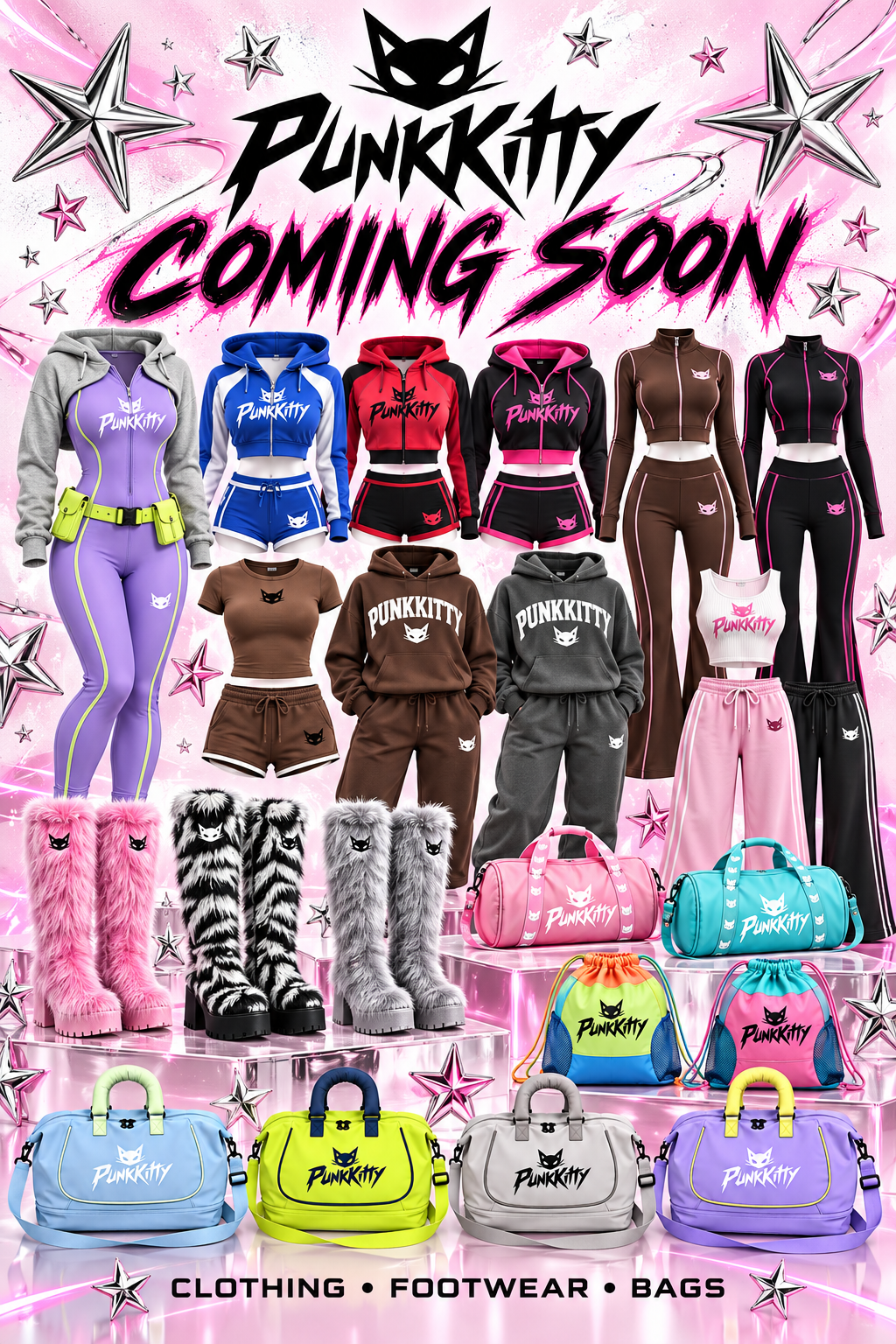 PunkKitty coming soon lookbook — bodysuits, crop hoodies, sweats, bags